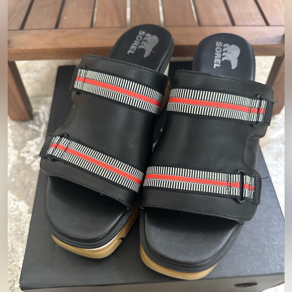 Sorel Black Sandals with Red and White Stripes